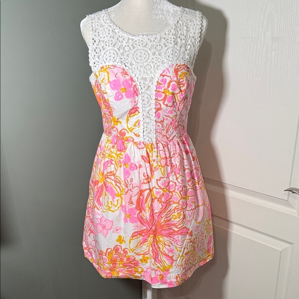 Lilly Pulitzer Pink & Orange Floral Lace Bodice Dress Size 10